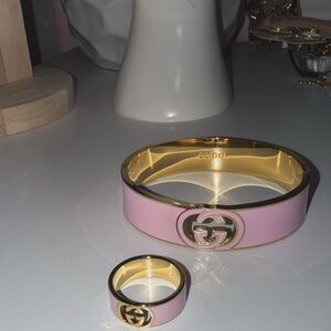 Gucci Pink and Gold Logo Bracelet and Ring